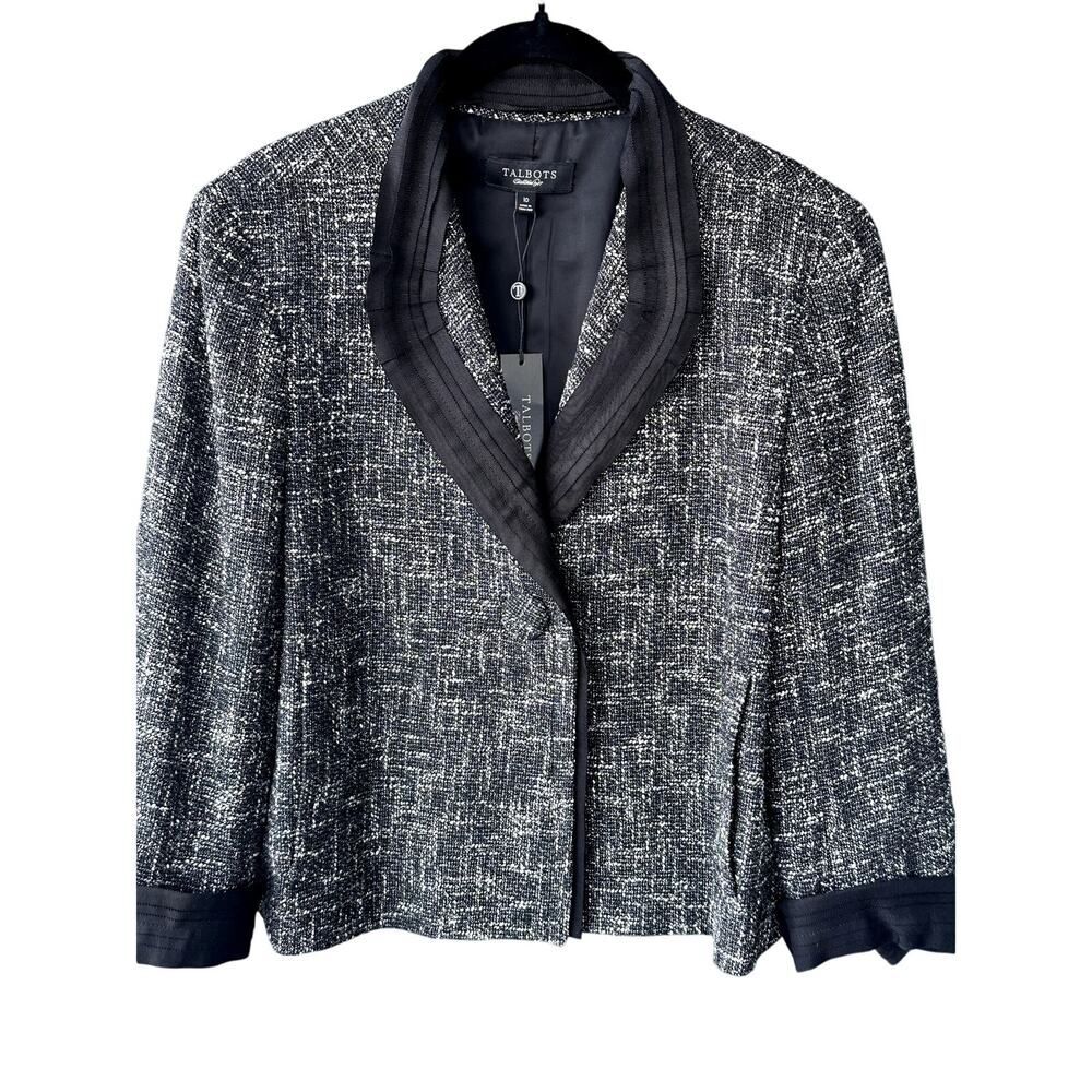 NWT Talbots Sz 10 Black White Tweed Blazer w/ Grosgrain Trim Career Professional